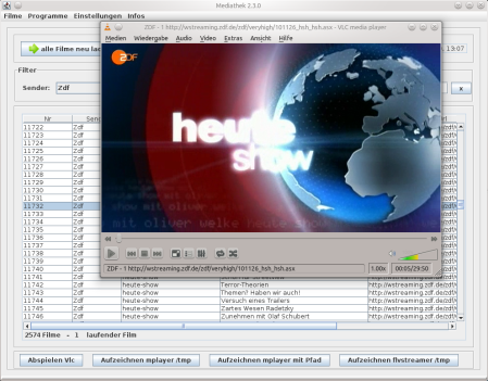 Mediathek uses VLC to replay, Mplayer and Flvstreamer for recordings.